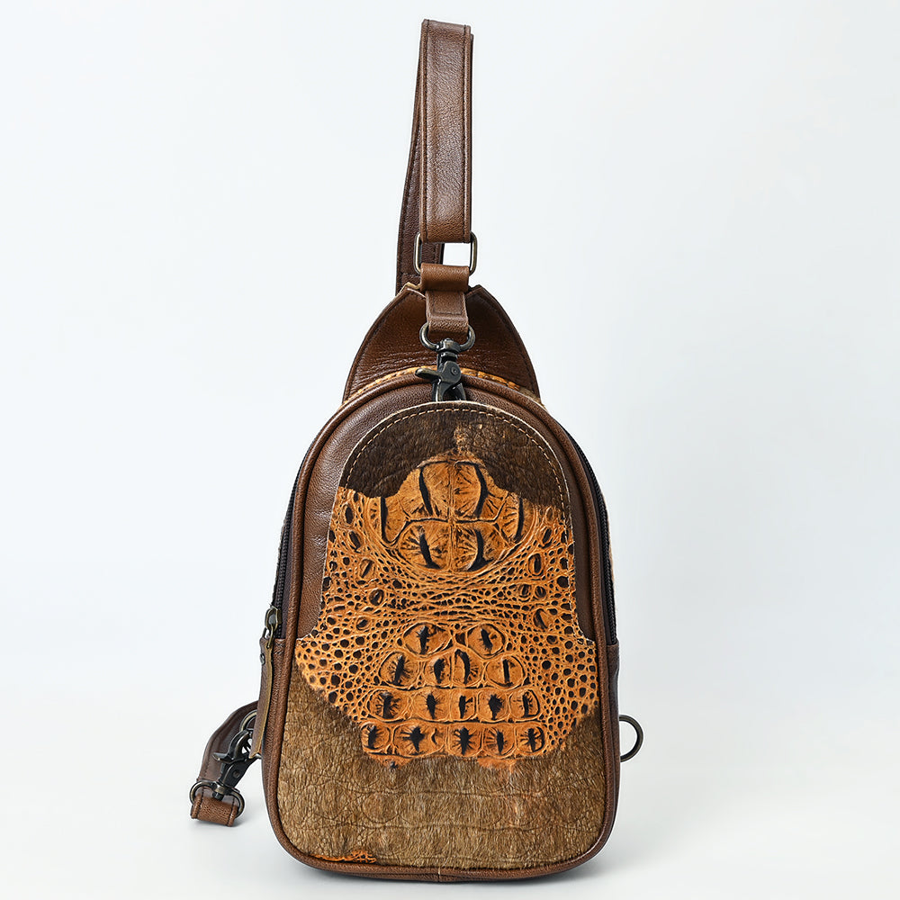 ADBG1538 American Darling Western Leather Sling Bag with Crocodile Embossed Detailing - Genuine Hair-on cowhide Leather