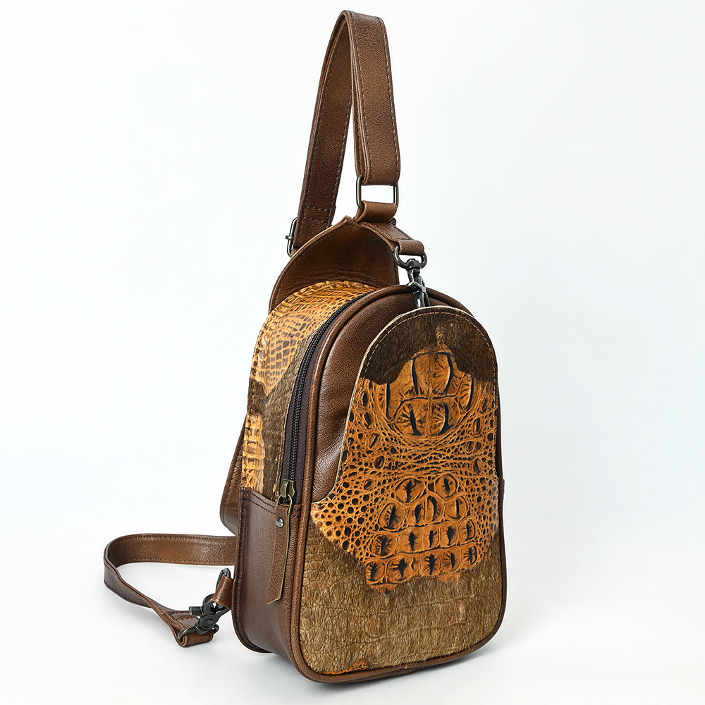 ADBG1538 American Darling Western Leather Sling Bag with Crocodile Embossed Detailing - Genuine Hair-on cowhide Leather