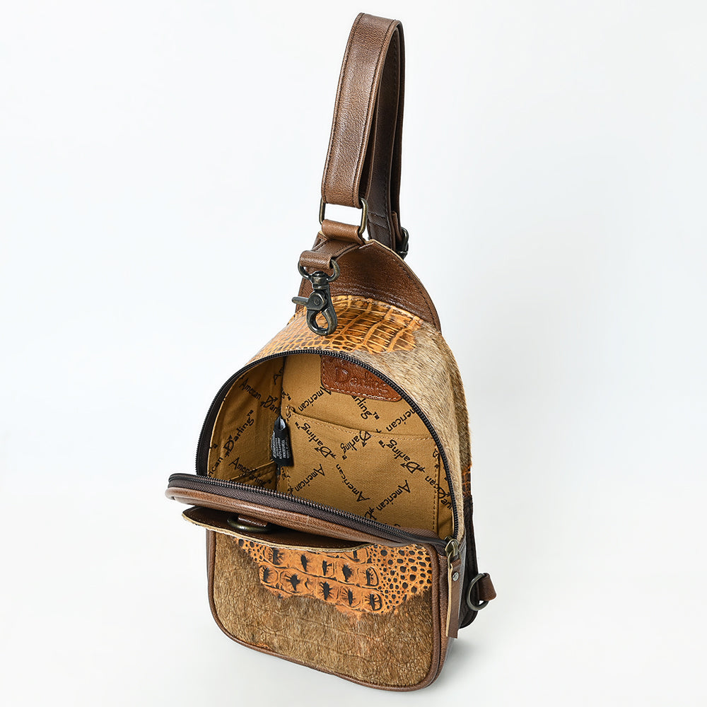 ADBG1538 American Darling Western Leather Sling Bag with Crocodile Embossed Detailing - Genuine Hair-on cowhide Leather