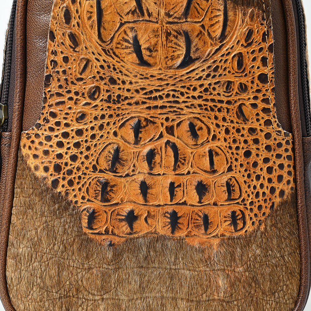 ADBG1538 American Darling Western Leather Sling Bag with Crocodile Embossed Detailing - Genuine Hair-on cowhide Leather