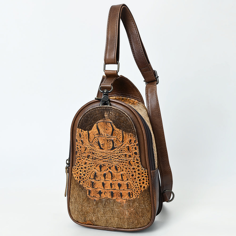 ADBG1538 American Darling Western Leather Sling Bag with Crocodile Embossed Detailing - Genuine Hair-on cowhide Leather