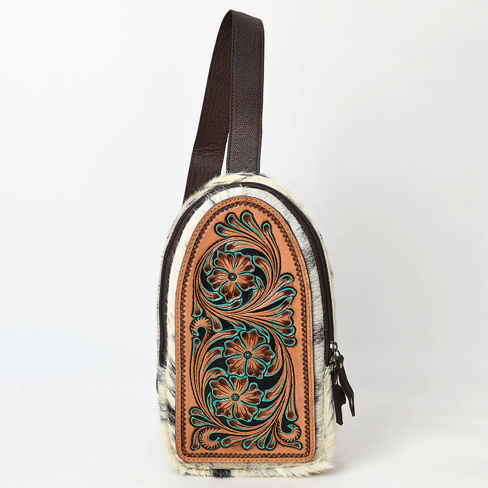 ADBGA590 Genuine Leather Sling Bag-Western Hand-Tooled Floral Crossbody Backpack for Women