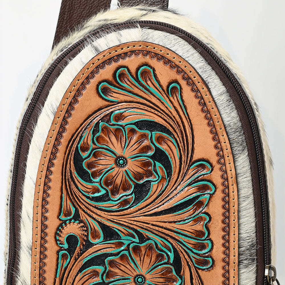 ADBGA590 Genuine Leather Sling Bag-Western Hand-Tooled Floral Crossbody Backpack for Women