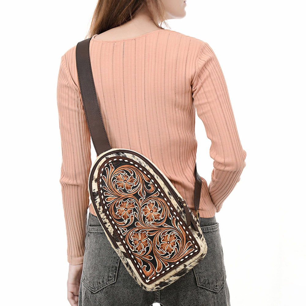 ADBGA590 Genuine Leather Sling Bag-Western Hand-Tooled Floral Crossbody Backpack for Women