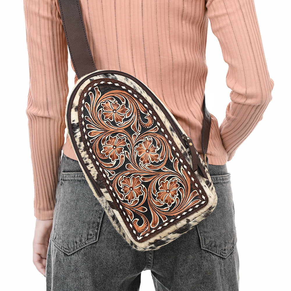 ADBGA590 Genuine Leather Sling Bag-Western Hand-Tooled Floral Crossbody Backpack for Women
