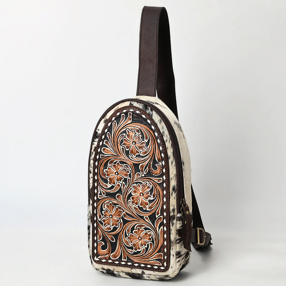 ADBGA590 Genuine Leather Sling Bag-Western Hand-Tooled Floral Crossbody Backpack for Women