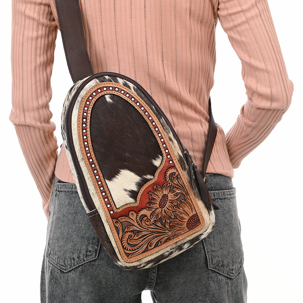 ADBGA591 Handcrafted Cowhide Leather Sling Bag-Western Floral Tooled Crossbody