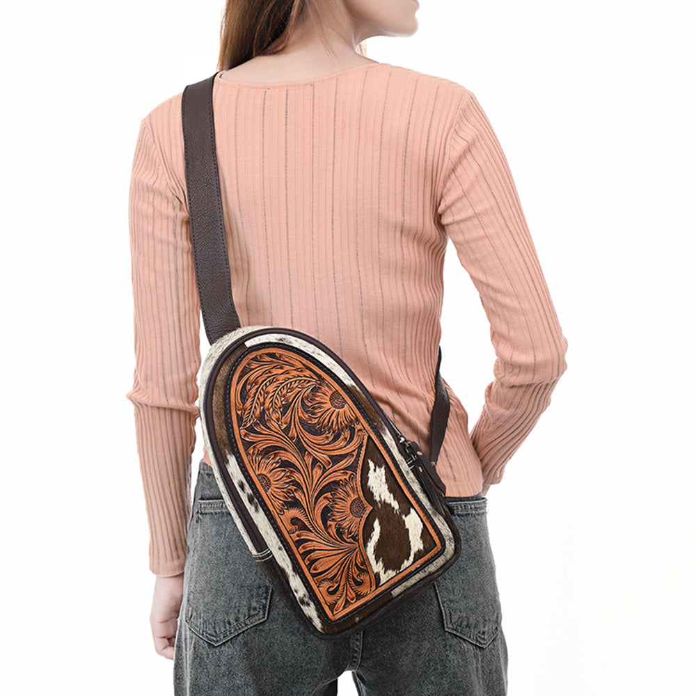 ADBGA592 American Darling Hand Tooled Floral Carved Hair-On Cowhide Sling Bag