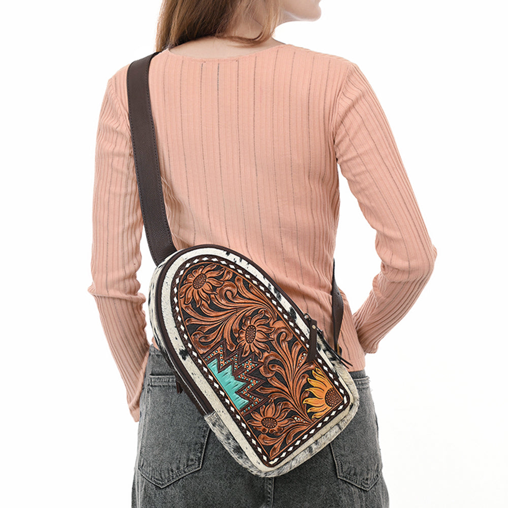 ADBGA593 Hand-Tooled Floral Cowhide Leather Sling Bag-Western Crossbody