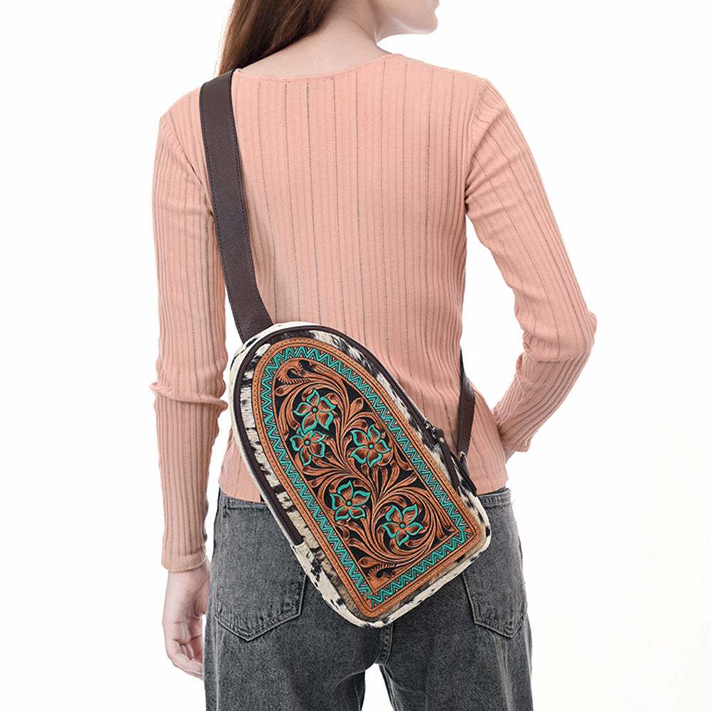 ADBGA593 Hand-Tooled Floral Cowhide Leather Sling Bag-Western Crossbody