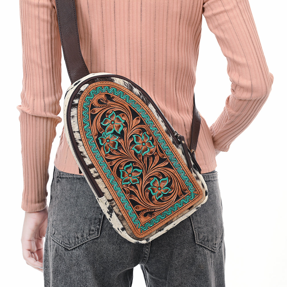 ADBGA593 Hand-Tooled Floral Cowhide Leather Sling Bag-Western Crossbody