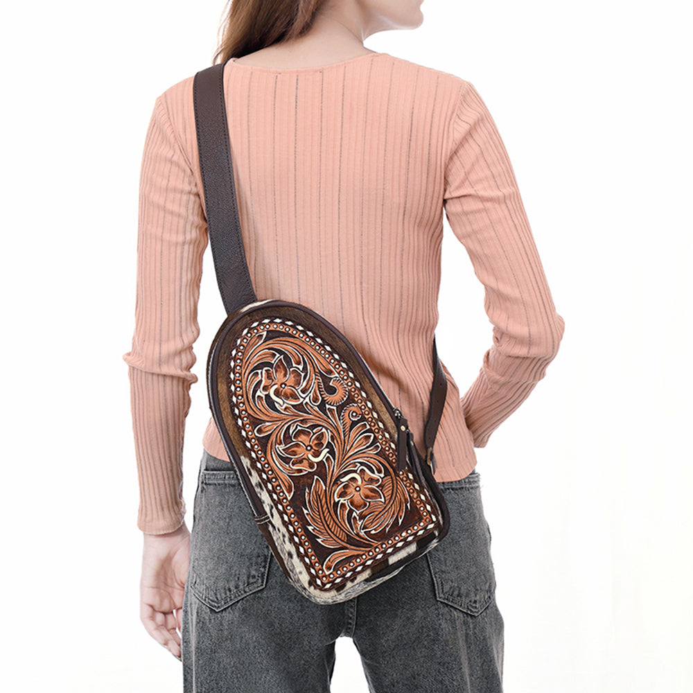 ADBGA593 Hand-Tooled Floral Cowhide Leather Sling Bag-Western Crossbody