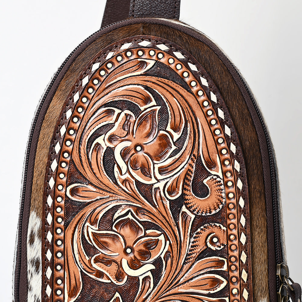 ADBGA593 Hand-Tooled Floral Cowhide Leather Sling Bag-Western Crossbody