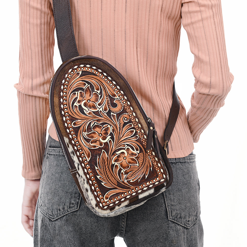 ADBGA593 Hand-Tooled Floral Cowhide Leather Sling Bag-Western Crossbody