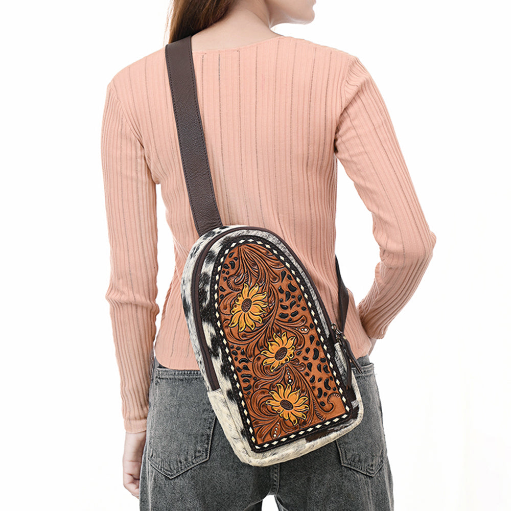 ADBGA594 Floral Hand-Tooled Leather Sling Bag-Genuine Cowhide Western Crossbody