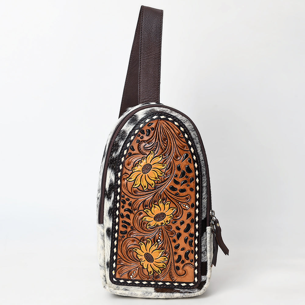 ADBGA594 Floral Hand-Tooled Leather Sling Bag-Genuine Cowhide Western Crossbody