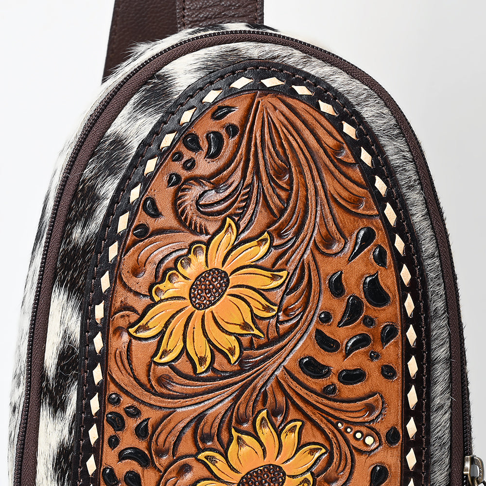 ADBGA594 Floral Hand-Tooled Leather Sling Bag-Genuine Cowhide Western Crossbody