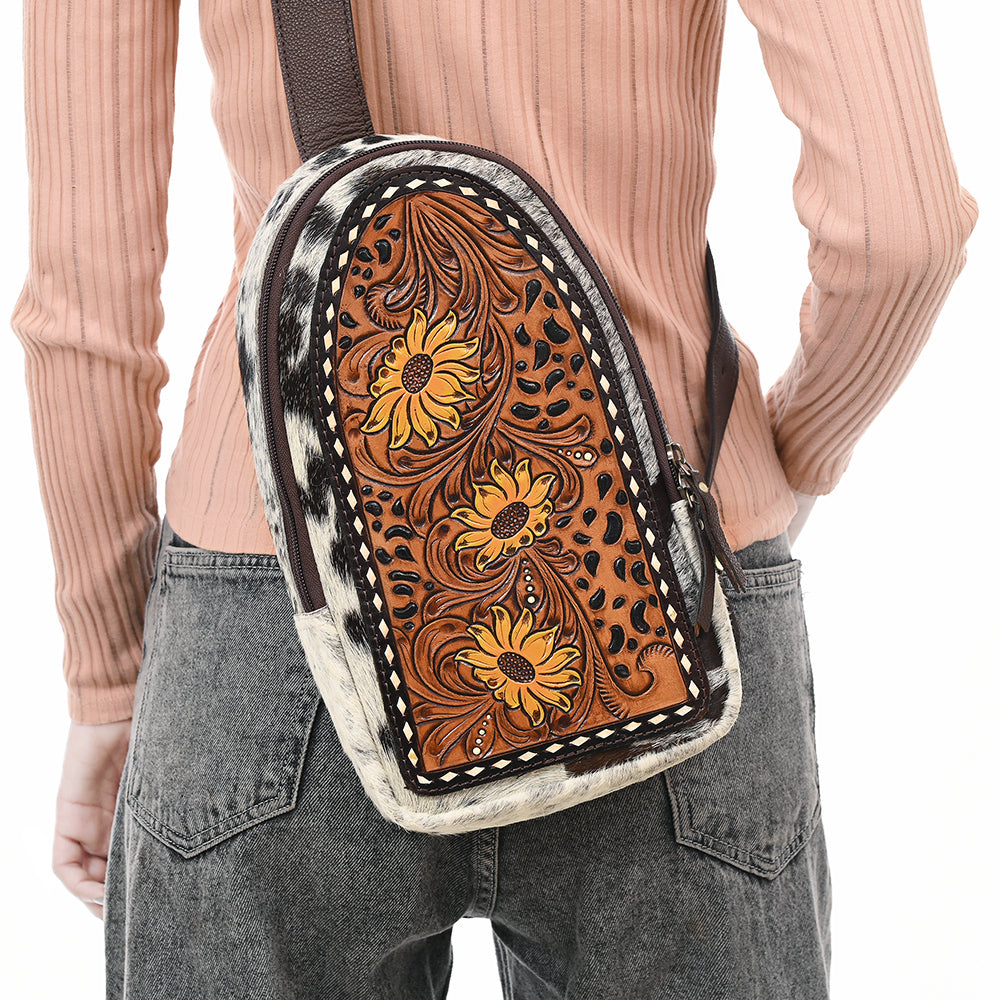 ADBGA594 Floral Hand-Tooled Leather Sling Bag-Genuine Cowhide Western Crossbody