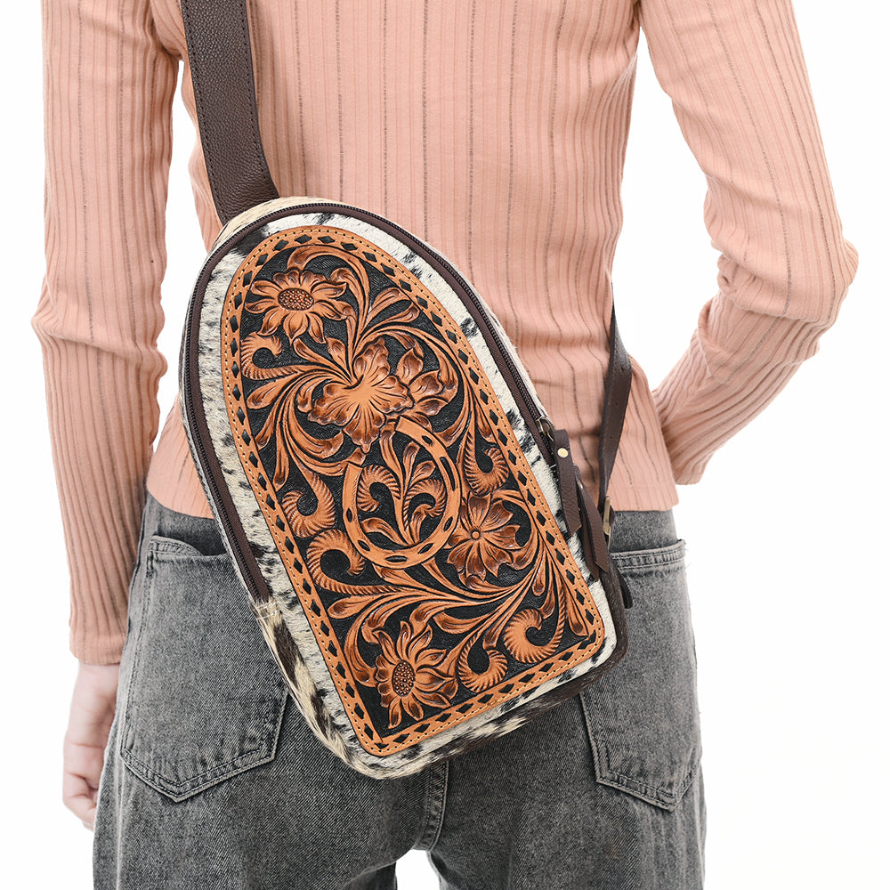 ADBGA594 Floral Hand-Tooled Leather Sling Bag-Genuine Cowhide Western Crossbody