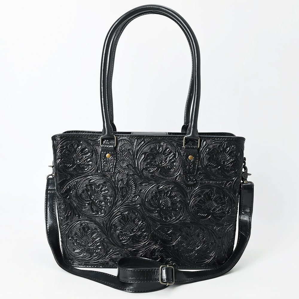 ADBG1539 American Darling Black Western Leather Tote Bag with Hand-Tooled Floral Design - Genuine Leather
