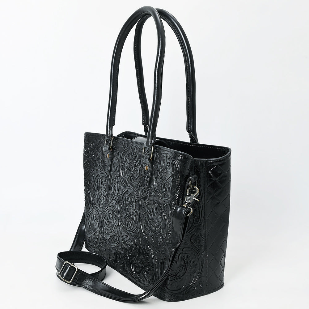 ADBG1539 American Darling Black Western Leather Tote Bag with Hand-Tooled Floral Design - Genuine Leather