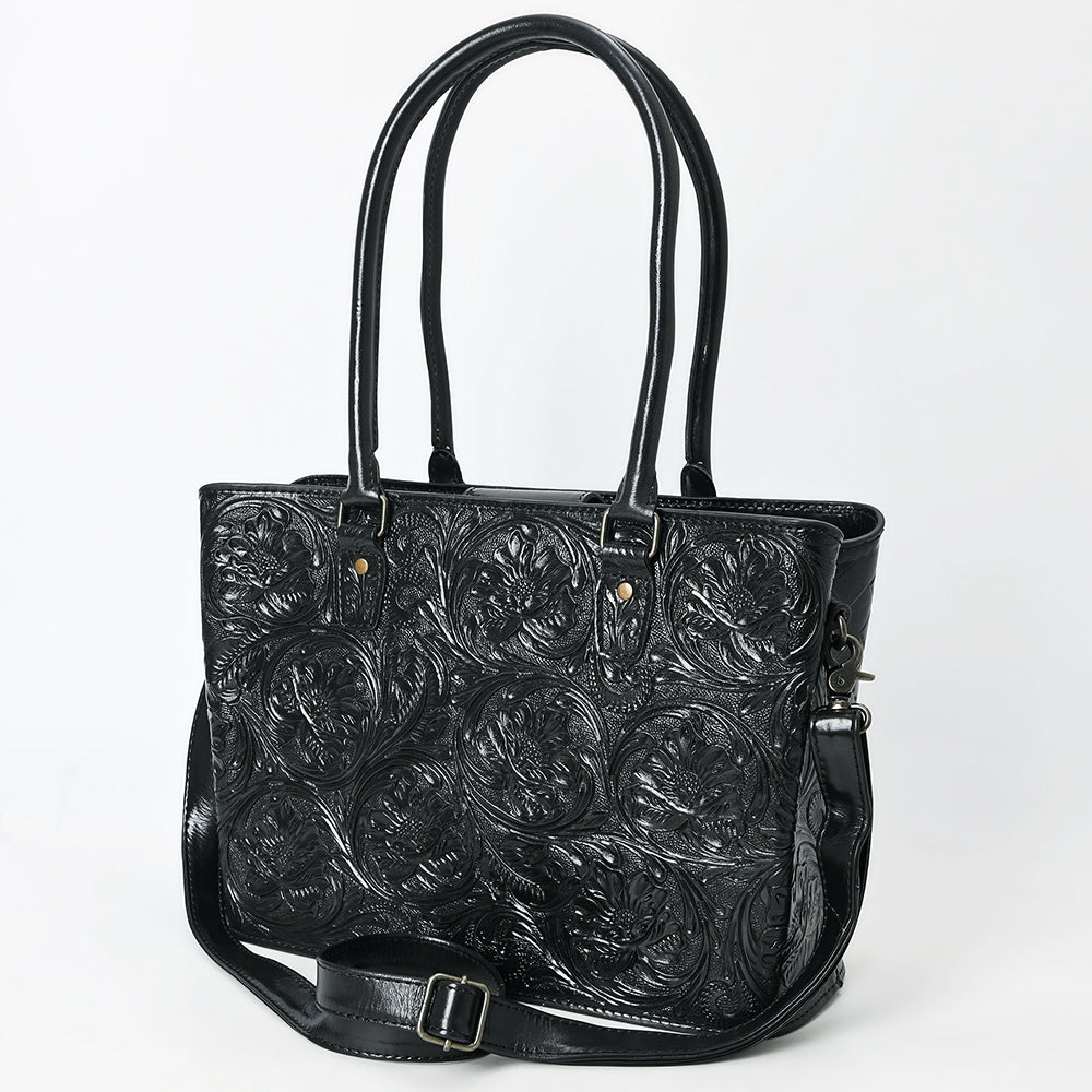 ADBG1539 American Darling Black Western Leather Tote Bag with Hand-Tooled Floral Design - Genuine Leather