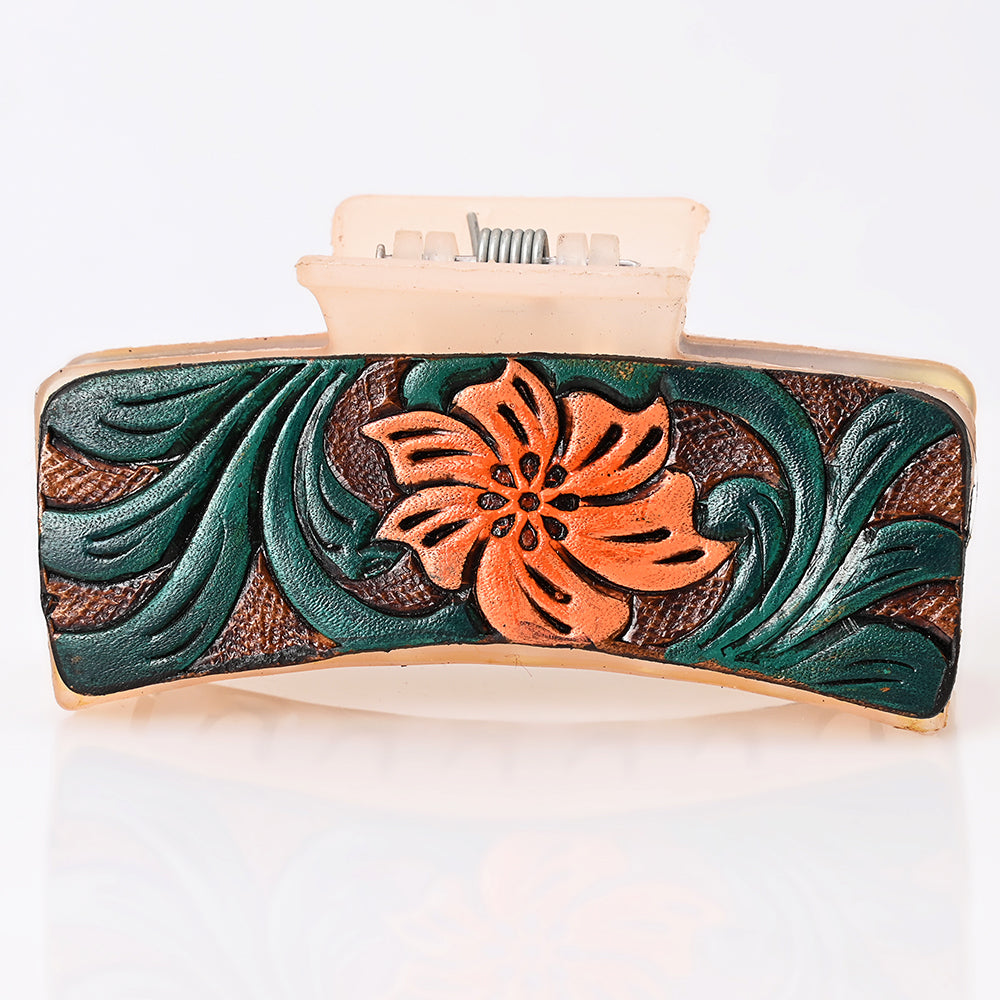 ADHC141 Tooled Leather Hair Band Clip Clutcher - Orange Lily with Green Scrolls | American Darling