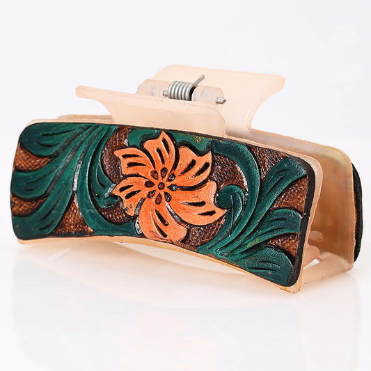 ADHC141 Tooled Leather Hair Band Clip Clutcher - Orange Lily with Green Scrolls | American Darling
