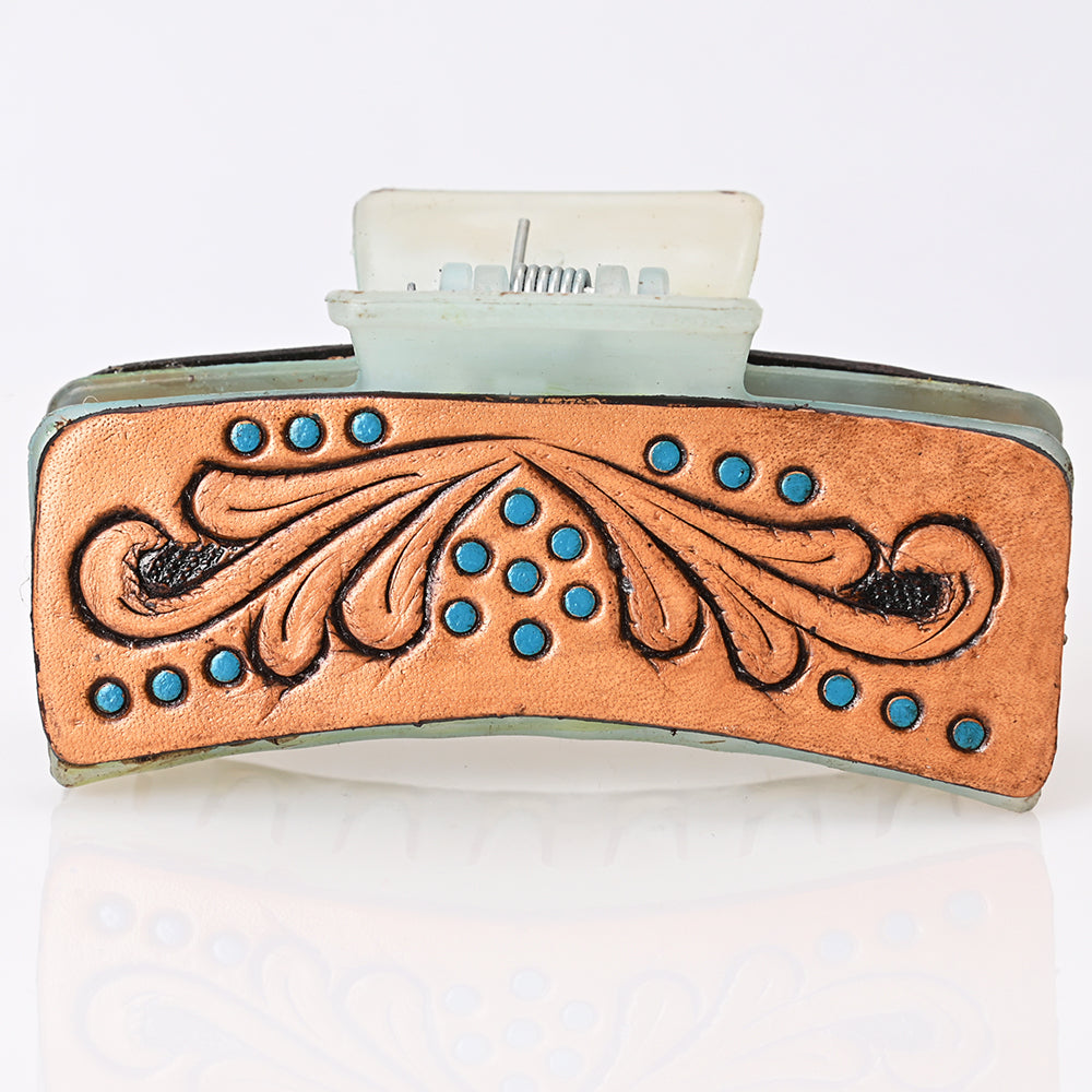 ADHC142 Western Hand-Tooled Leather Hair Band Clip Clutcher with Turquoise Accents