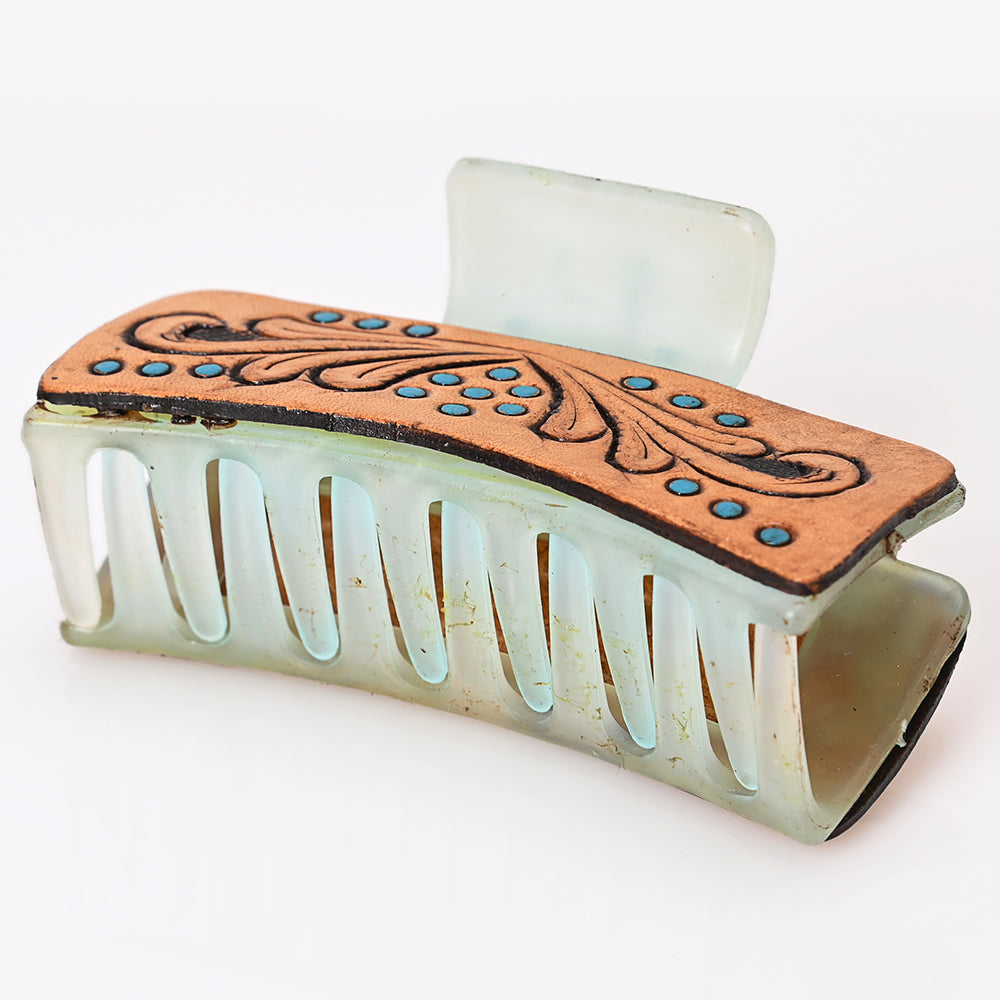 ADHC142 Western Hand-Tooled Leather Hair Band Clip Clutcher with Turquoise Accents