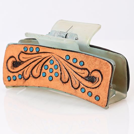 ADHC142 Western Hand-Tooled Leather Hair Band Clip Clutcher with Turquoise Accents