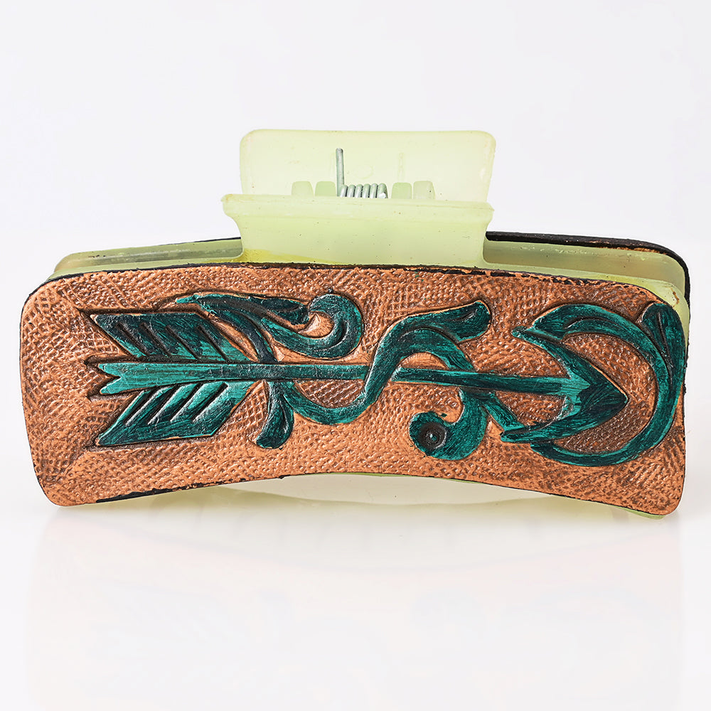 ADHC143 Western Hand-Tooled Leather Hair Band Clip Clutcher with Green Arrow Design