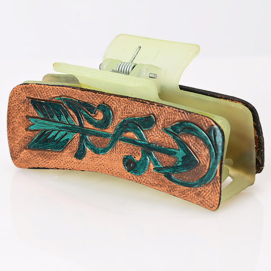 ADHC143 Western Hand-Tooled Leather Hair Band Clip Clutcher with Green Arrow Design