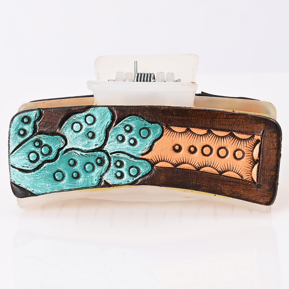 ADHC144 Western Hand-Tooled Leather Hair Band Clip Clutcher with Turquoise Cactus & Sunburst Design