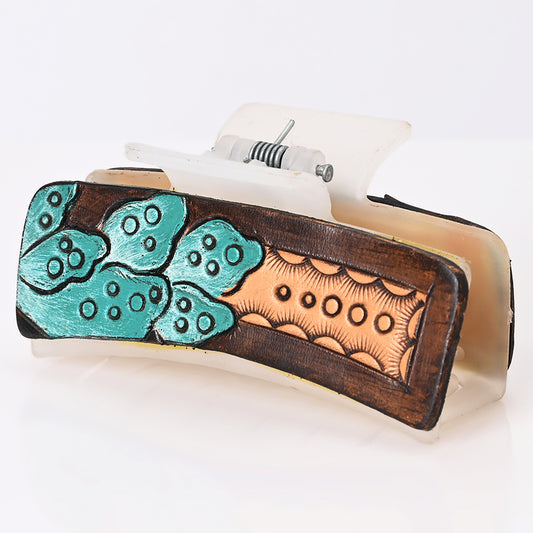ADHC144 Western Hand-Tooled Leather Hair Band Clip Clutcher with Turquoise Cactus & Sunburst Design