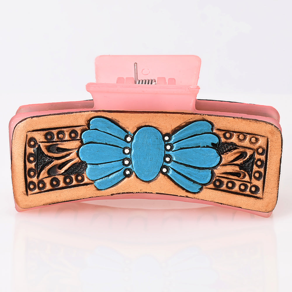 ADHC145 Western Pink Hair Band Clip Clutcher with Blue Concho Flower - Hand-Tooled Leather Design