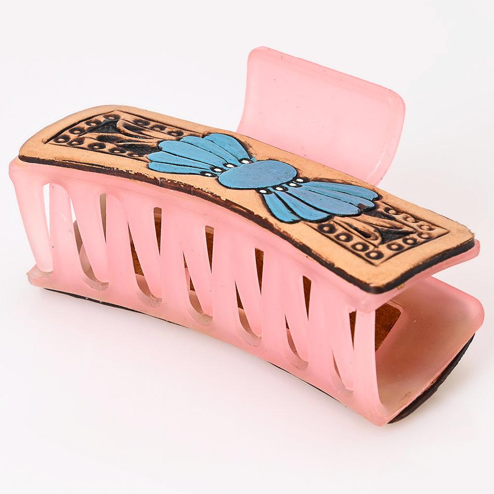 ADHC145 Western Pink Hair Band Clip Clutcher with Blue Concho Flower - Hand-Tooled Leather Design