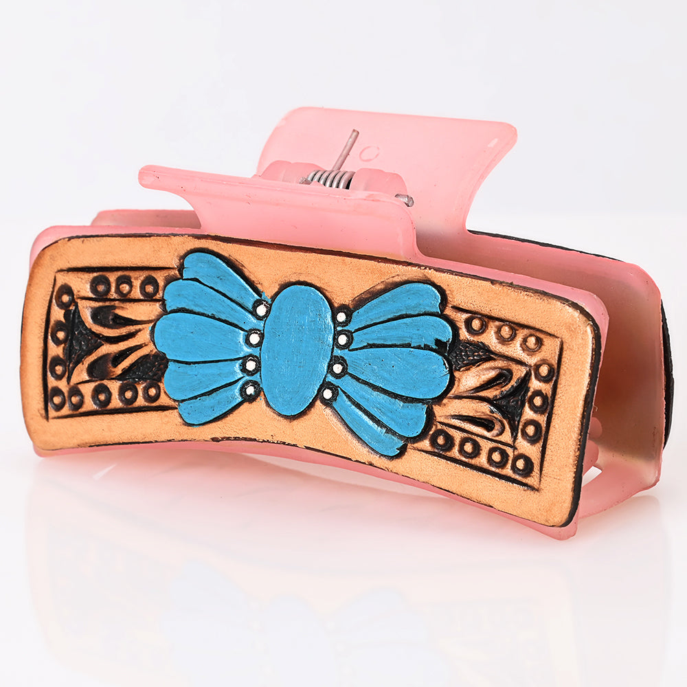 ADHC145 Western Pink Hair Band Clip Clutcher with Blue Concho Flower - Hand-Tooled Leather Design