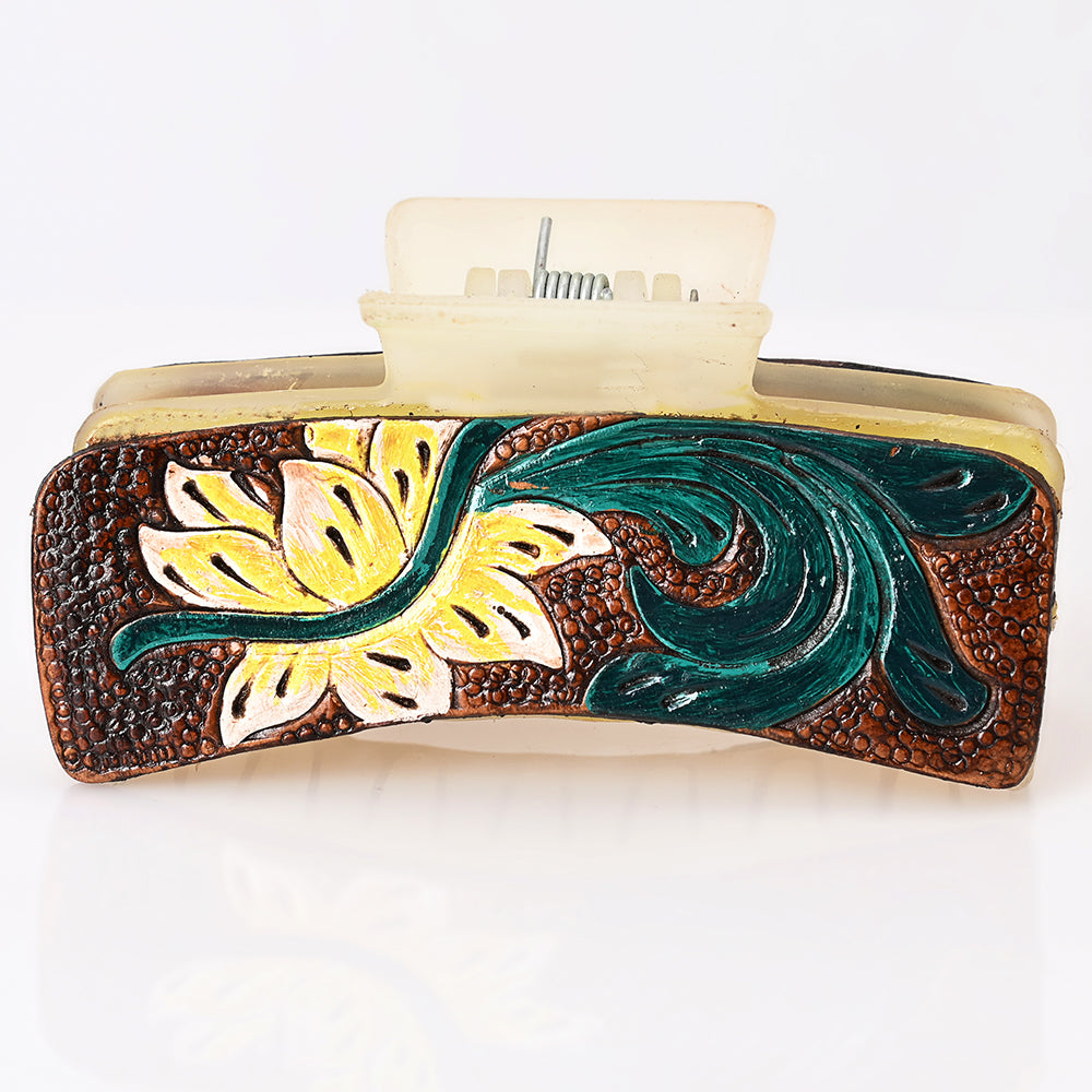 ADHC146 Western Hand-Tooled Leather Hair Band Clip Clutcher with Yellow Flower & Green Scroll
