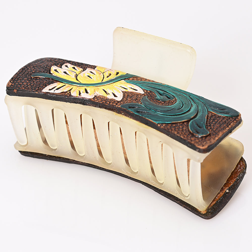 ADHC146 Western Hand-Tooled Leather Hair Band Clip Clutcher with Yellow Flower & Green Scroll