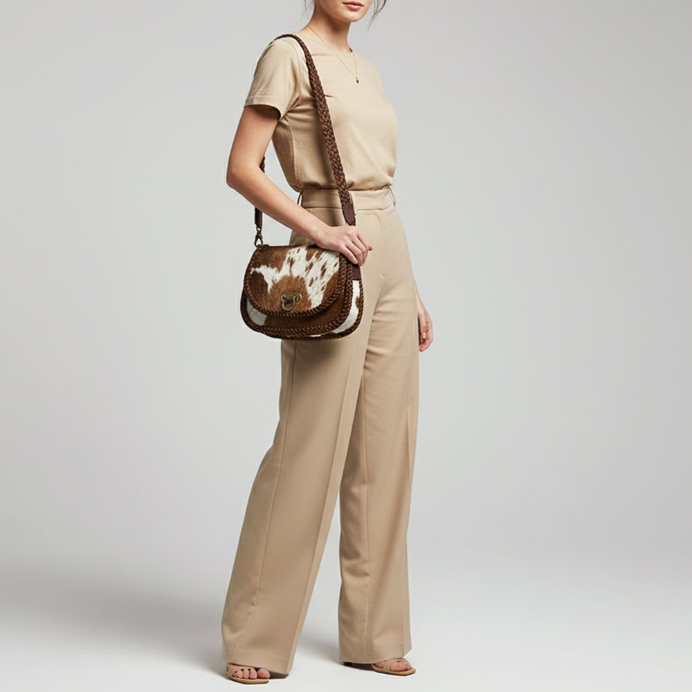 ADBGM456 Hair-On Cowhide Leather Crossbody Bag - Western Braided Strap Saddle Style