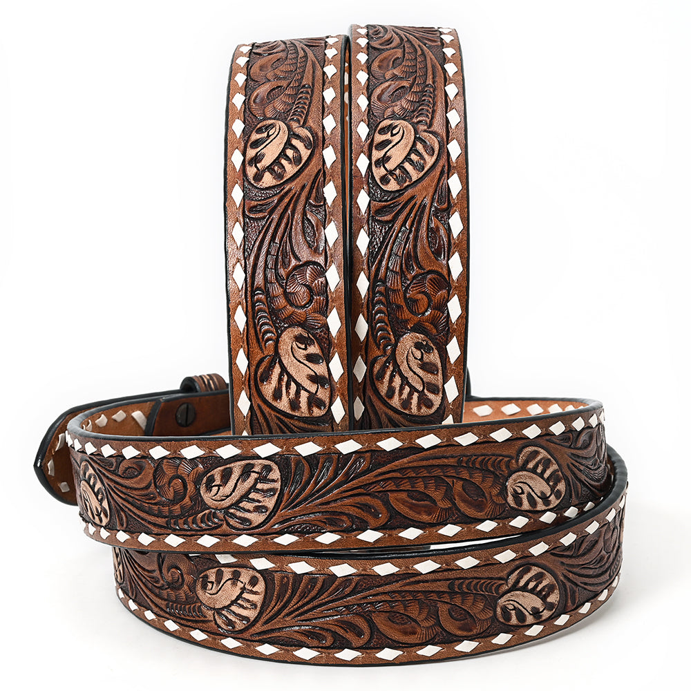 ADBLF264 Bull Skull Tooled Leather Belt with Whipstitch Edge and Matching Buckle