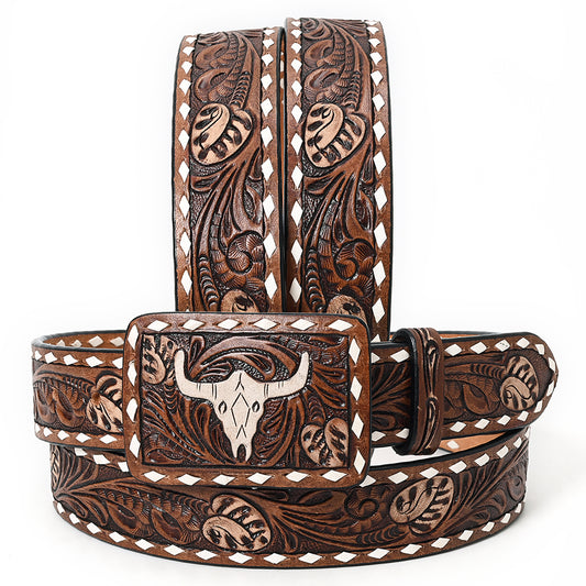 ADBLF264 Bull Skull Tooled Leather Belt with Whipstitch Edge and Matching Buckle