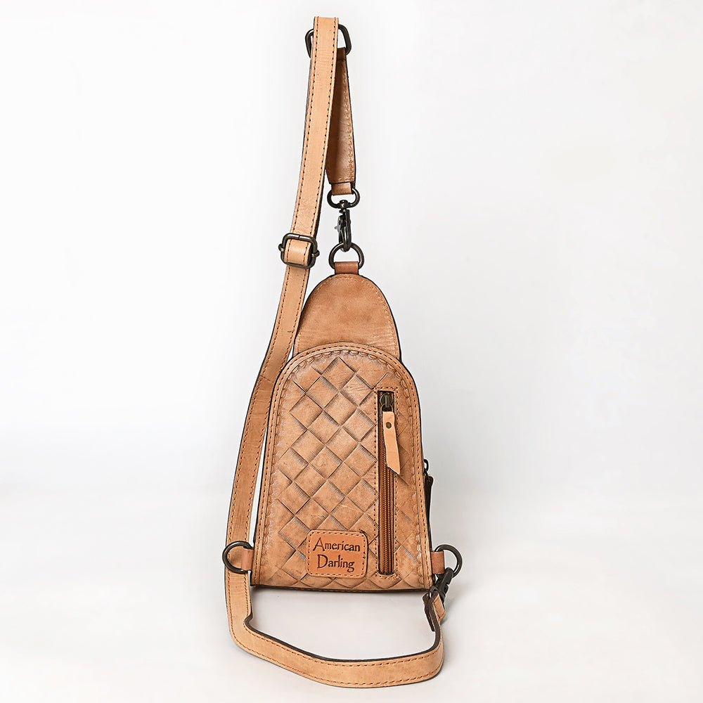ADBG1542 American Darling Western Leather Sling Bag with Hand-Tooled Floral Design - Genuine Vegetable-Tanned Leather