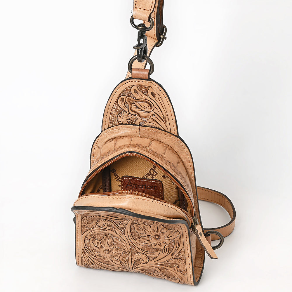 ADBG1542 American Darling Western Leather Sling Bag with Hand-Tooled Floral Design - Genuine Vegetable-Tanned Leather