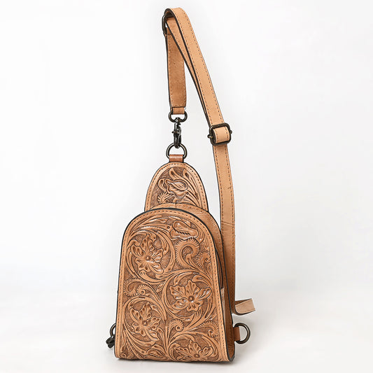 ADBG1542 American Darling Western Leather Sling Bag with Hand-Tooled Floral Design - Genuine Vegetable-Tanned Leather
