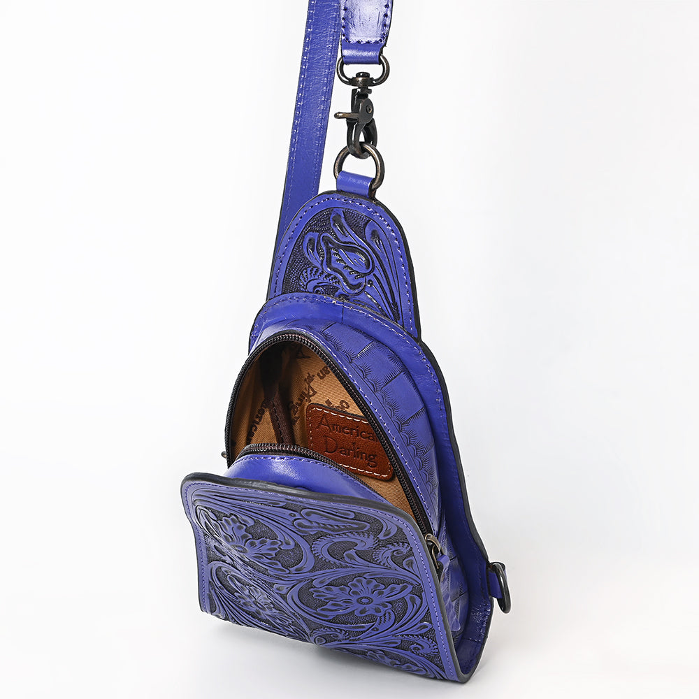 ADBG1542 American Darling Western Leather Sling Bag with Hand-Tooled Floral Design - Genuine Vegetable-Tanned Leather