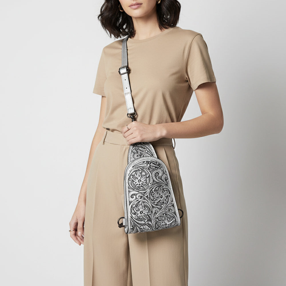 ADBG1542 American Darling Western Leather Sling Bag with Hand-Tooled Floral Design - Genuine Vegetable-Tanned Leather