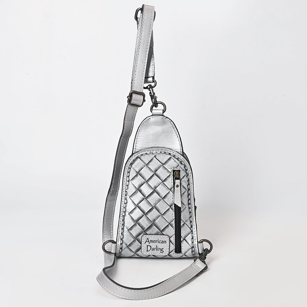 ADBG1542 American Darling Western Leather Sling Bag with Hand-Tooled Floral Design - Genuine Vegetable-Tanned Leather