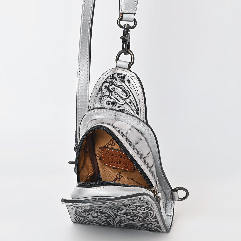 ADBG1542 American Darling Western Leather Sling Bag with Hand-Tooled Floral Design - Genuine Vegetable-Tanned Leather